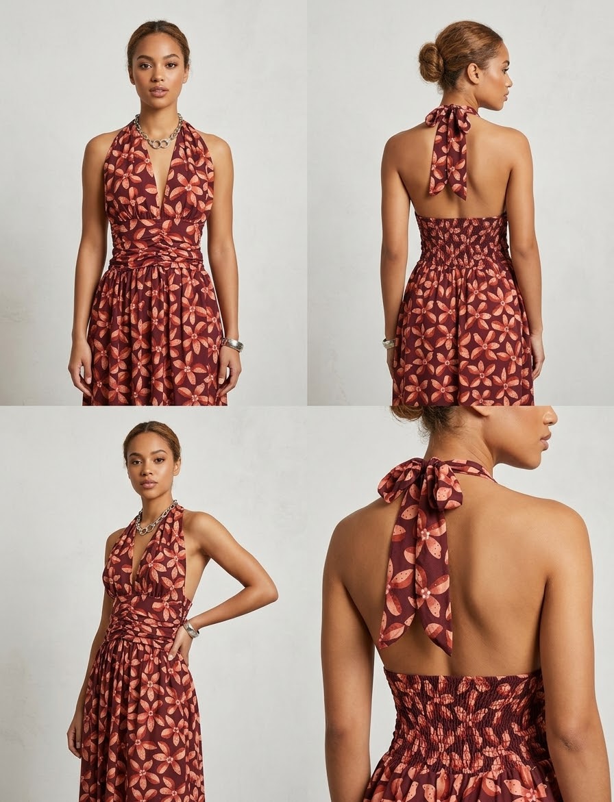 Vestido Largo Halter de Estampado Floral en Tonos Granate y Terracota - Imagen 9