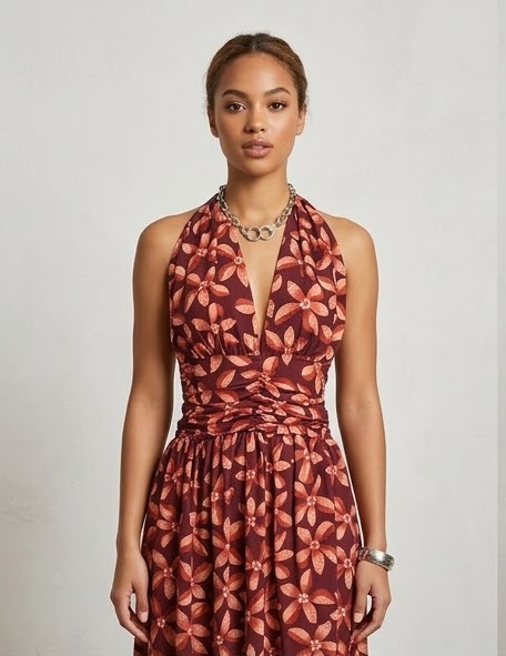 Vestido Largo Halter de Estampado Floral en Tonos Granate y Terracota - Imagen 8