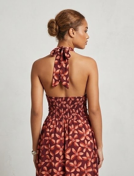Vestido Largo Halter de Estampado Floral en Tonos Granate y Terracota - Imagen 4