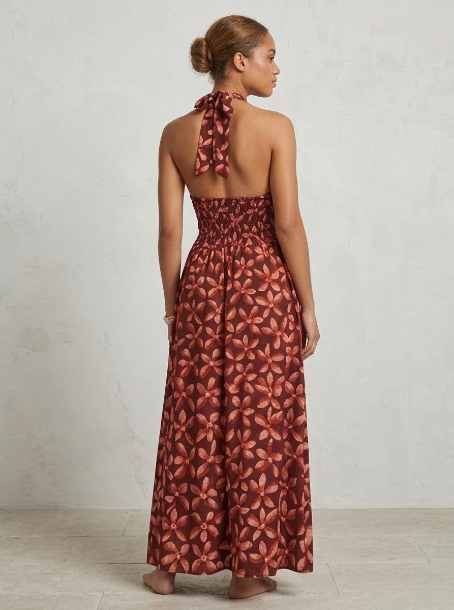 Vestido Largo Halter de Estampado Floral en Tonos Granate y Terracota - Imagen 3