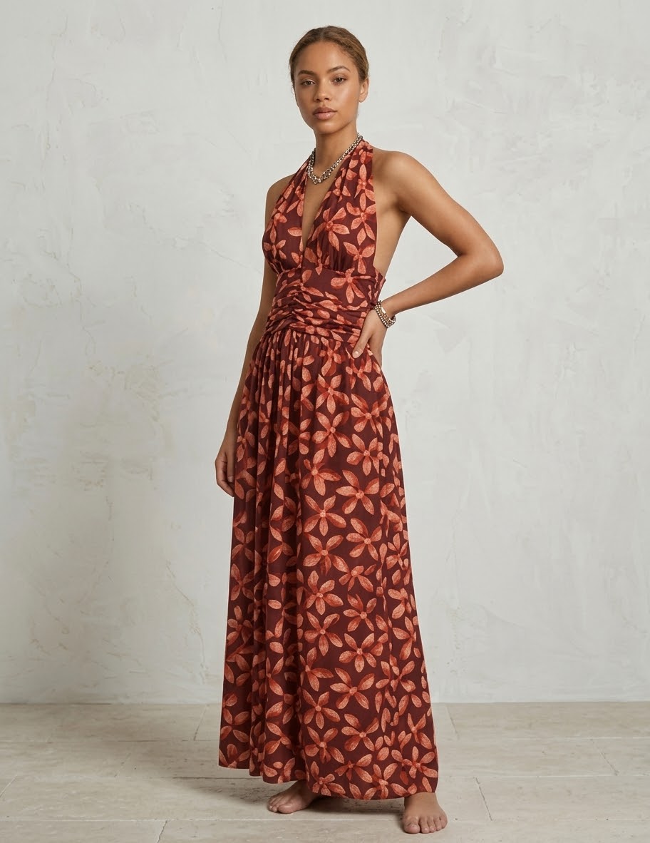 Vestido Largo Halter de Estampado Floral en Tonos Granate y Terracota - Imagen 2