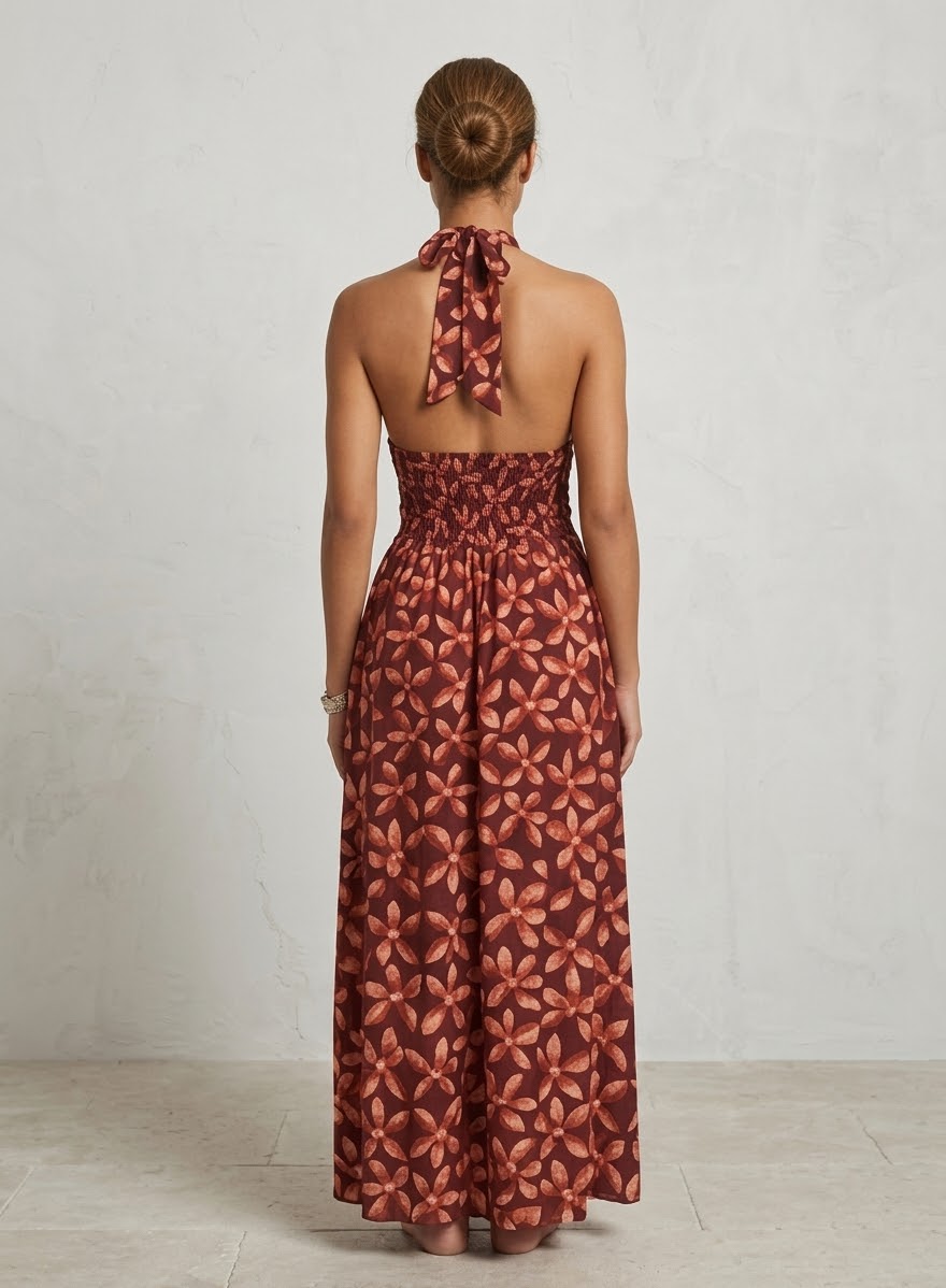 Vestido Largo Halter de Estampado Floral en Tonos Granate y Terracota - Imagen 7