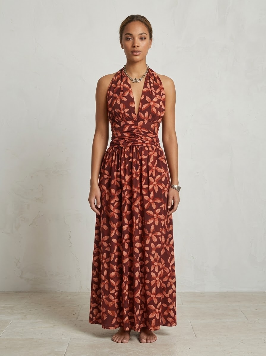 Vestido Largo Halter de Estampado Floral en Tonos Granate y Terracota - Imagen 6