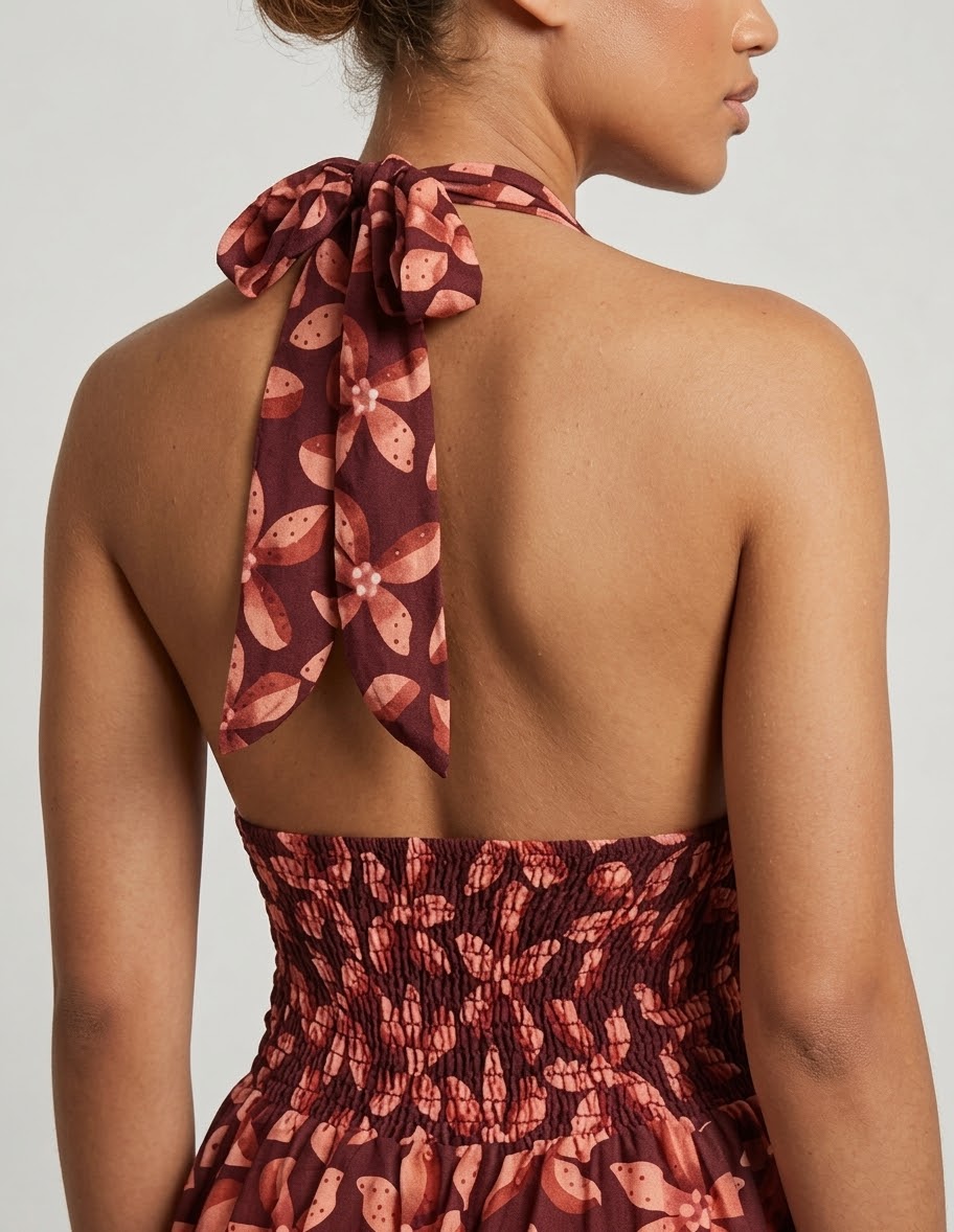 Vestido Largo Halter de Estampado Floral en Tonos Granate y Terracota - Imagen 5