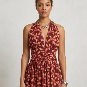 Vestido Largo Halter de Estampado Floral en Tonos Granate y Terracota