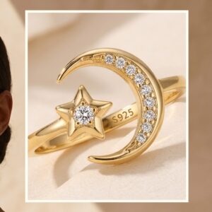 Anillo Ajustable Luna y Estrella en Plata de Ley 925 Bañado en Oro con Circonitas