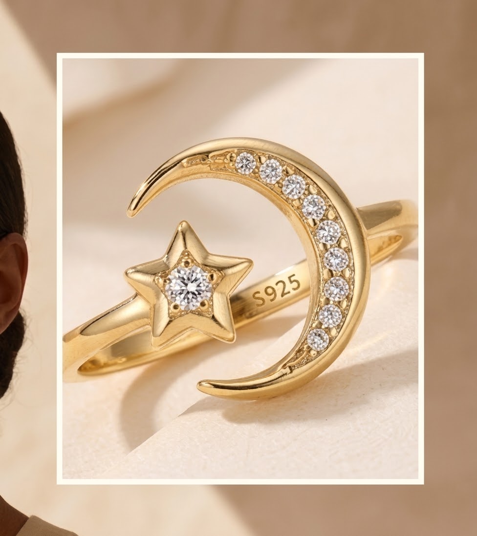 Anillo Ajustable Luna y Estrella en Plata de Ley 925 Bañado en Oro con Circonitas