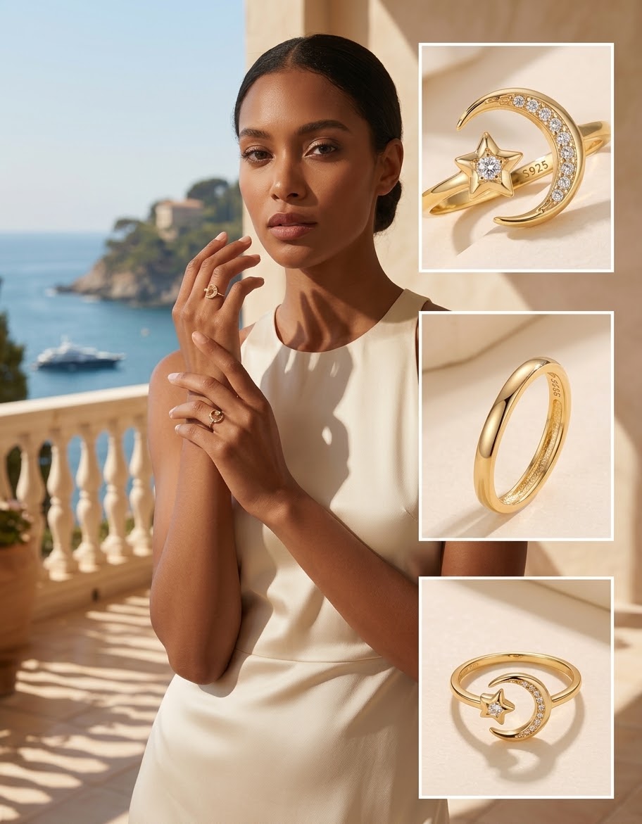 Anillo Ajustable Luna y Estrella en Plata de Ley 925 Bañado en Oro con Circonitas - Imagen 3
