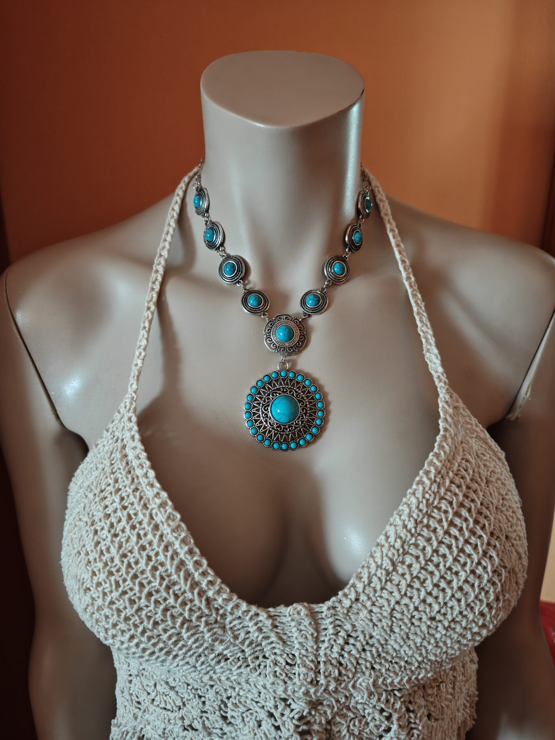 Conjunto de Collar y Pendientes Boho Chic con Turquesas Sintéticas en Acero Inoxidable - Imagen 7