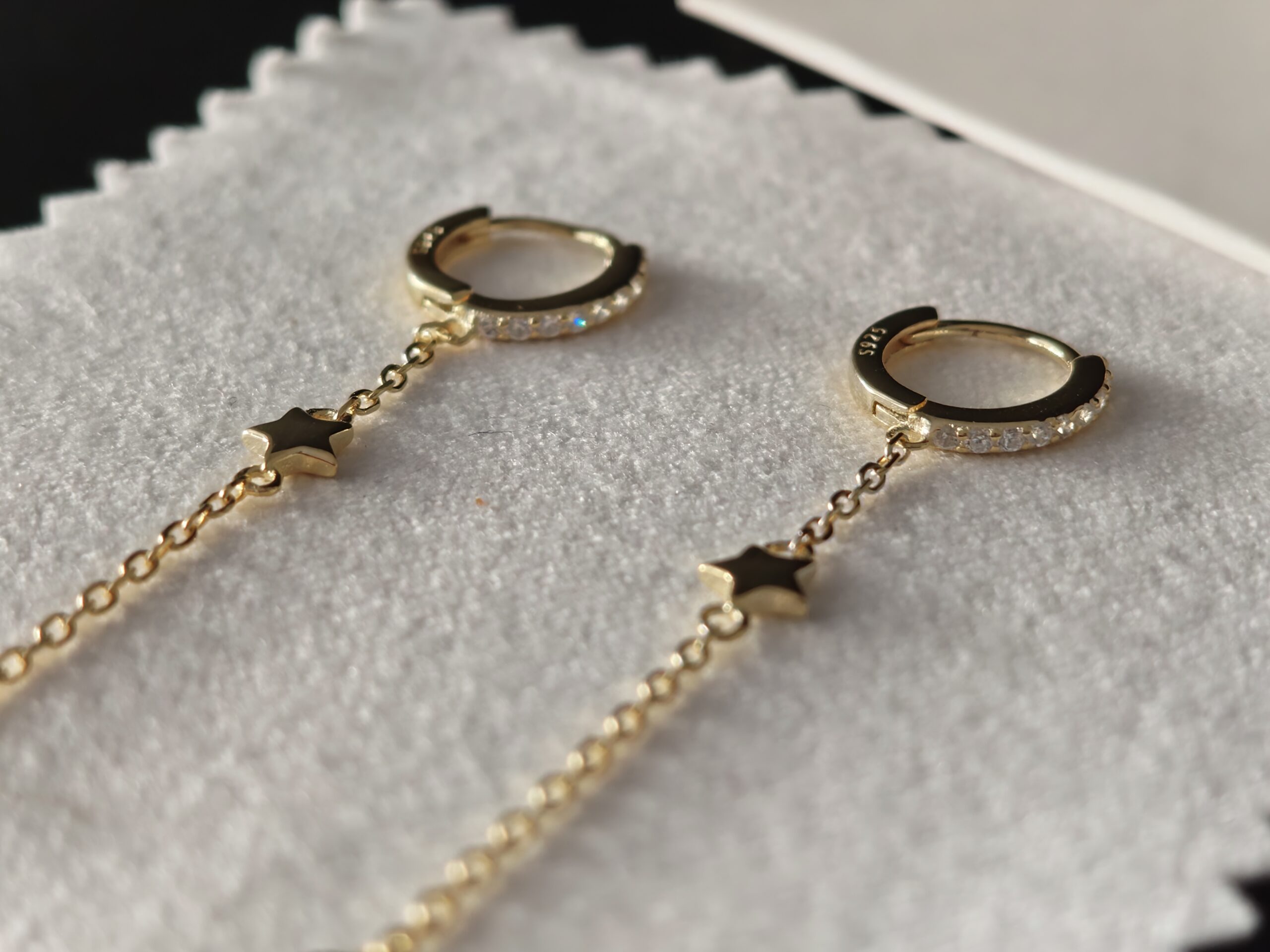 Pendientes Aros de Plata 925 Bañados en Oro con Cadena Colgante, Estrellas y Circonitas - Imagen 6