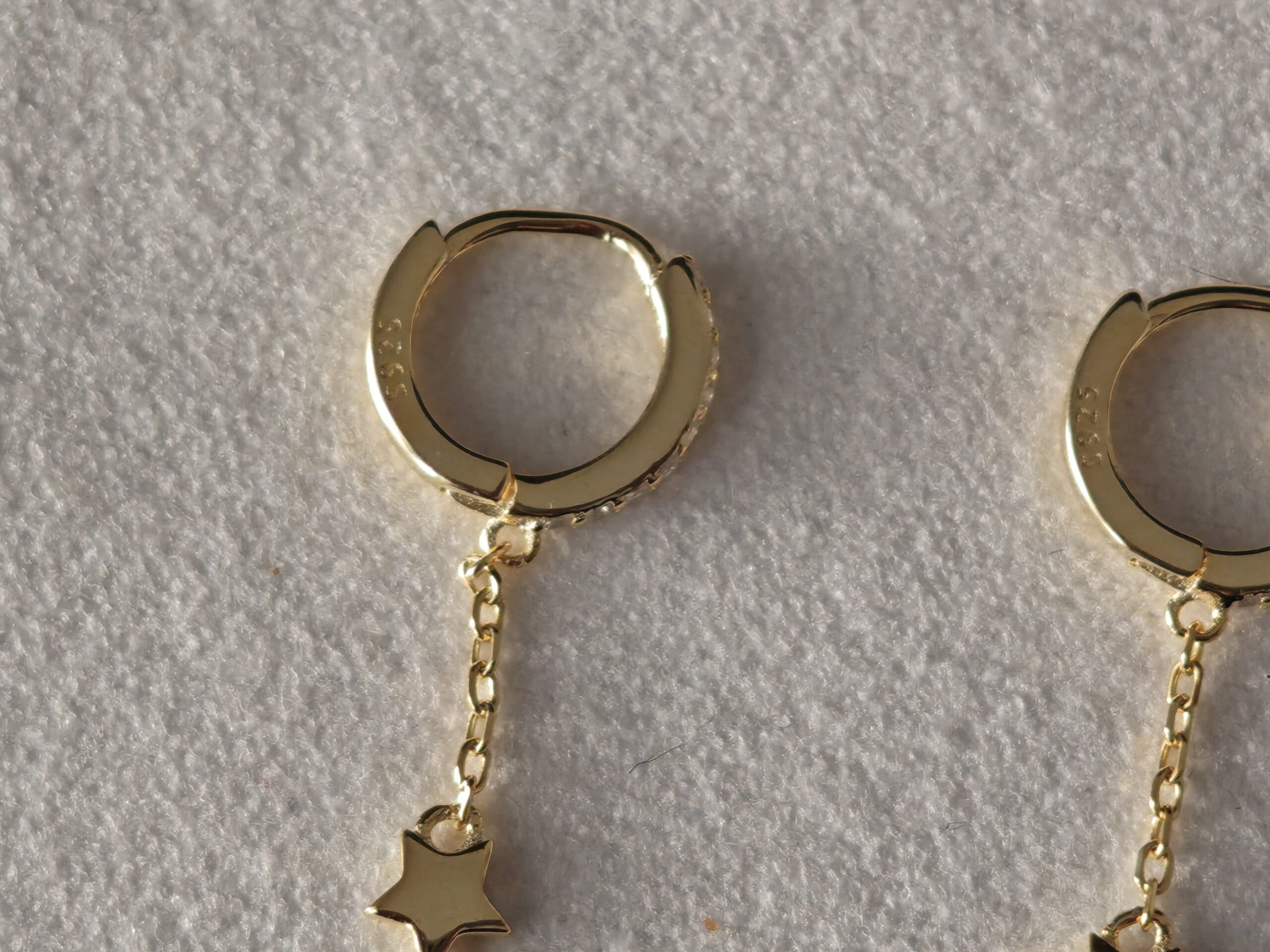 Pendientes Aros de Plata 925 Bañados en Oro con Cadena Colgante, Estrellas y Circonitas - Imagen 8