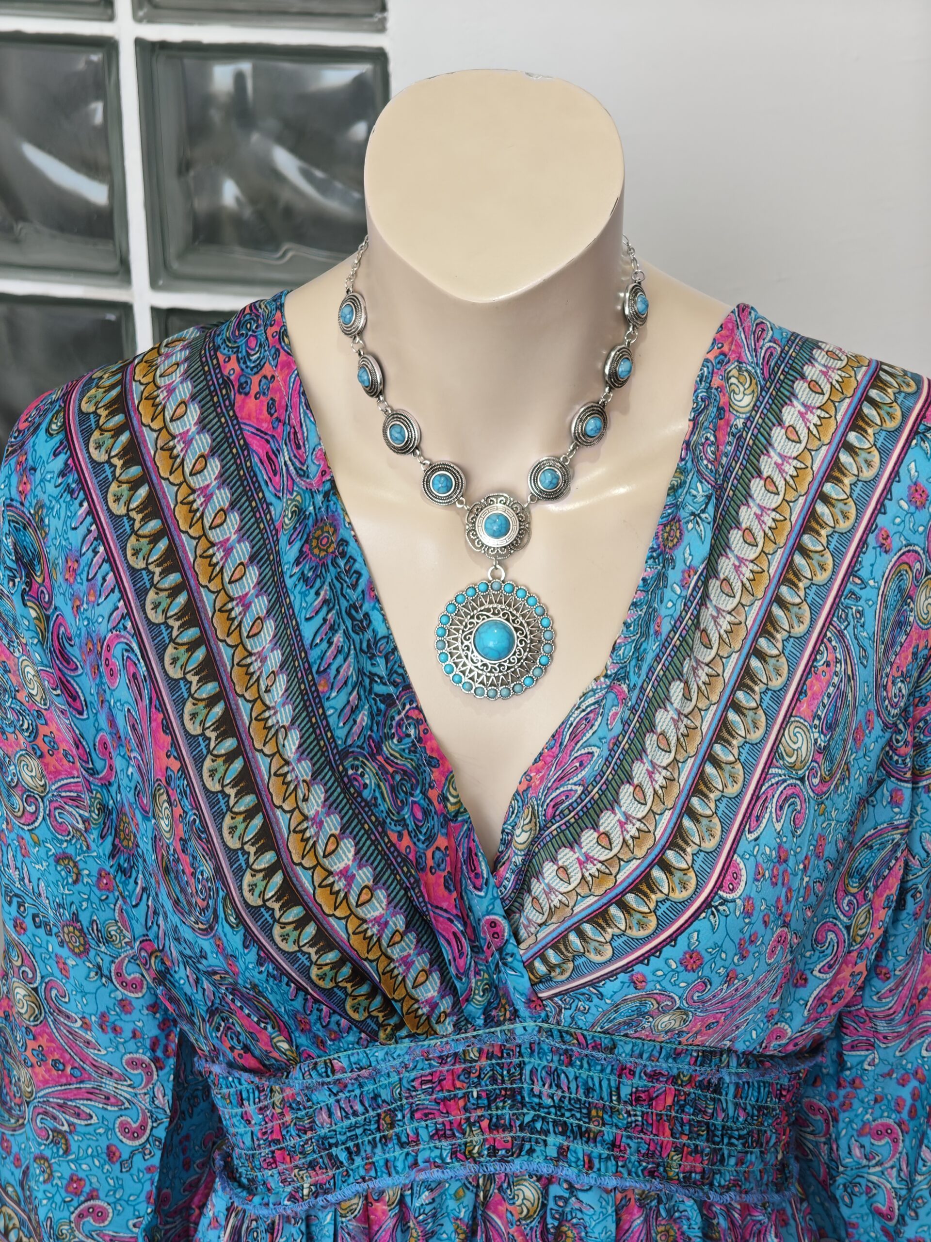 Vestido Largo Boho Chic Print Paisley Turquesa - Imagen 3