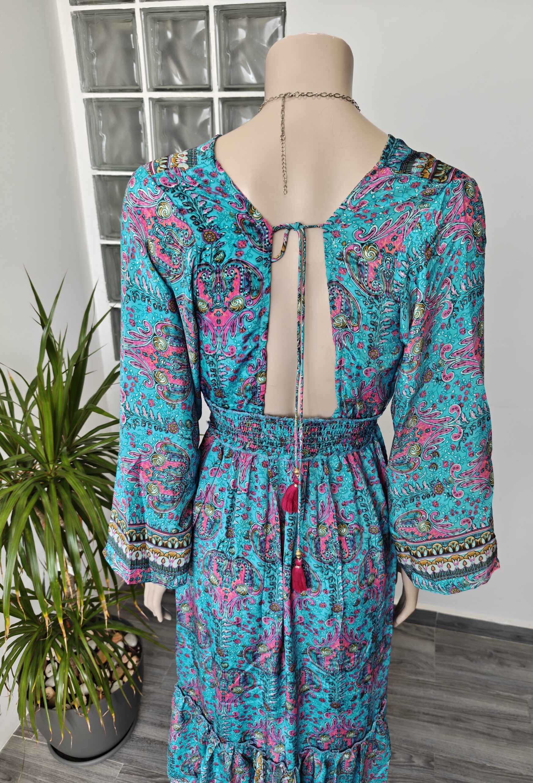 Vestido Largo Boho Chic Print Paisley Turquesa - Imagen 7