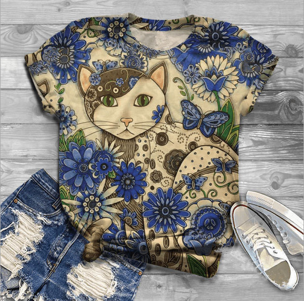 Camiseta Casual para Mujer con Estampado Artístico de Gatos – Manga Corta y Cuello Redondo - Imagen 2