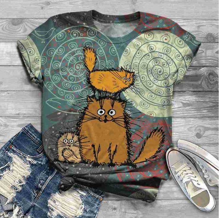 Camiseta Casual para Mujer con Estampado Artístico de Gatos – Manga Corta y Cuello Redondo - Imagen 5