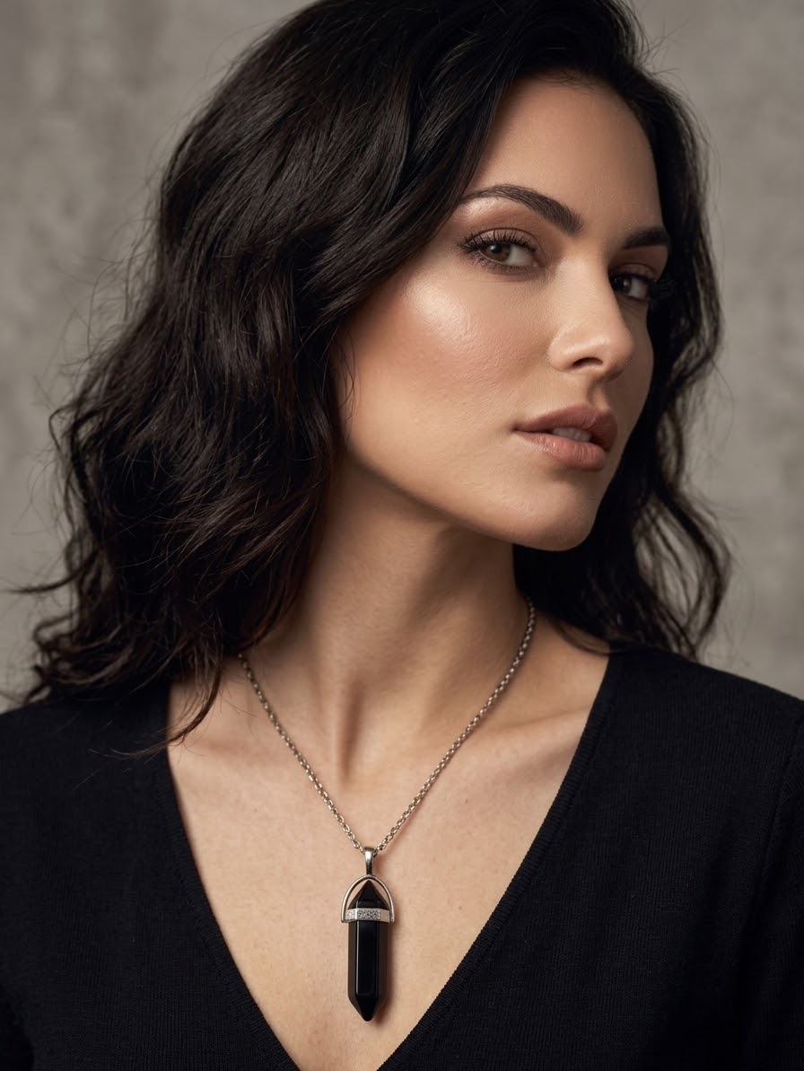 Elegante Collar con Colgante de Obsidiana Negra y Cadena de Plata de Ley 925