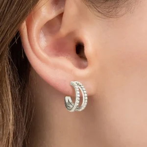 Pendientes Medio Aro Doble Efecto "Two-In-One" en Plata de Ley 925 con Circonitas