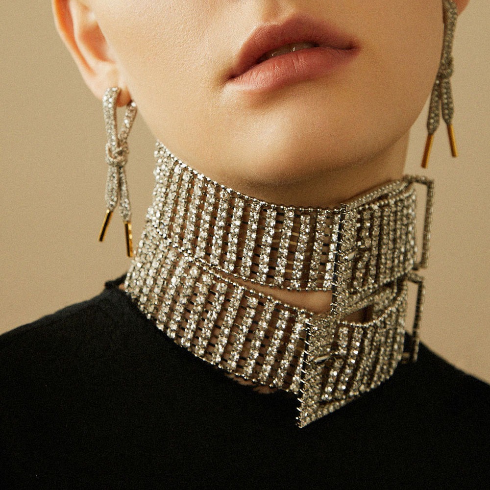 Gargantilla Choker Ancha de Cristal Brillante con Doble Hebilla | Estilo Glam Punk / High Fashion