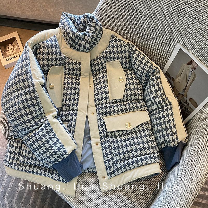 Chaqueta Acolchada Puffer Estampa Pata de Gallo Azul y Blanco | Abrigo Estilo Chanel / Preppy - Imagen 4