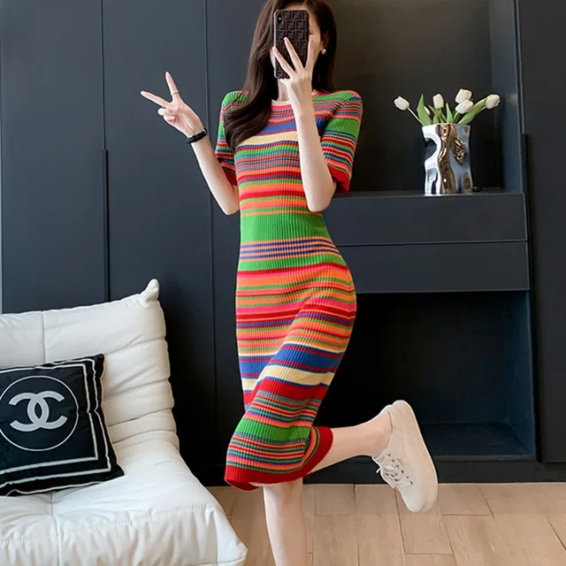 Vestido Midi de Punto Canalé con Estampado de Rayas Multicolor - Imagen 7