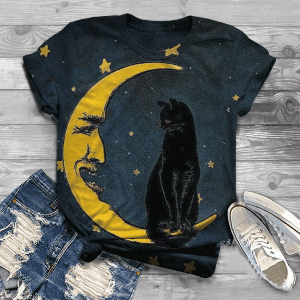 Camiseta Casual para Mujer con Estampado Artístico de Gatos – Manga Corta y Cuello Redondo - Imagen 3