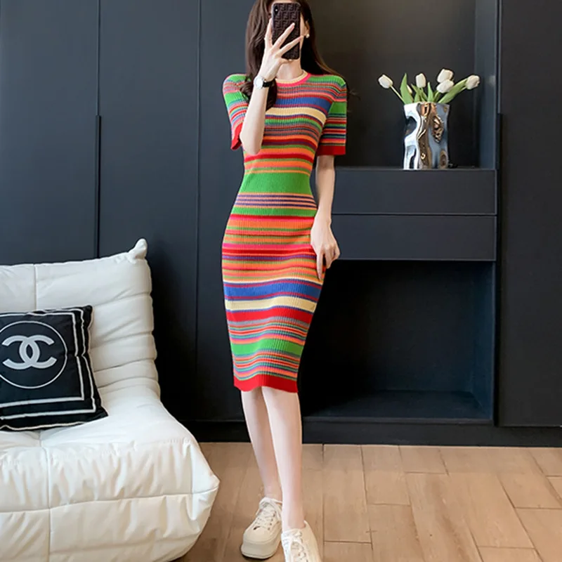Vestido Midi de Punto Canalé con Estampado de Rayas Multicolor - Imagen 4