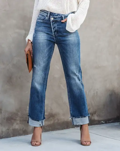 Pantalón Vaquero Recto de Tiro Alto con Cintura Cruzada y Bajo Vuelto - Imagen 5