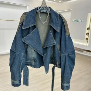 Cazadora Vaquera Biker Crop Estilo Biker Oversize con Detalles Contraste