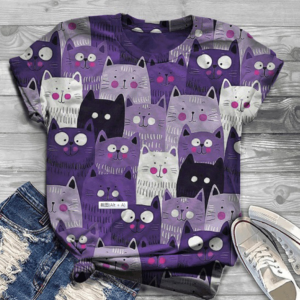 Camiseta Casual para Mujer con Estampado Artístico de Gatos – Manga Corta y Cuello Redondo