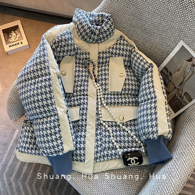 Chaqueta Acolchada Puffer Estampa Pata de Gallo Azul y Blanco | Abrigo Estilo Chanel / Preppy - Imagen 3