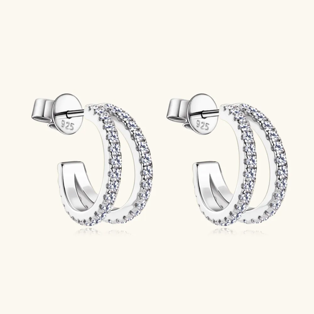 Pendientes Medio Aro Doble Efecto "Two-In-One" en Plata de Ley 925 con Circonitas - Imagen 3