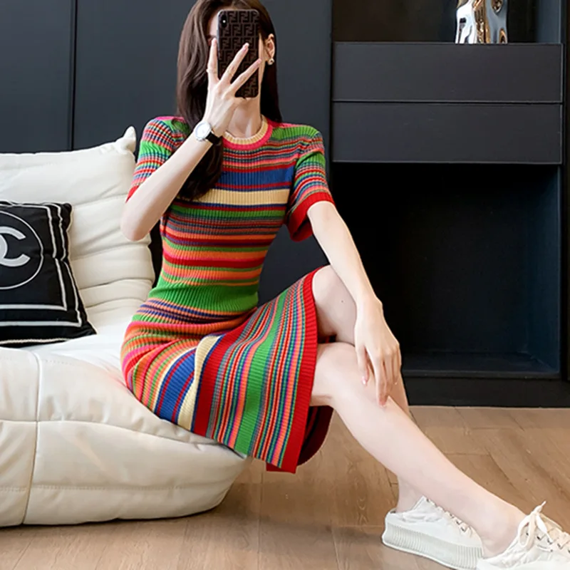Vestido Midi de Punto Canalé con Estampado de Rayas Multicolor - Imagen 5