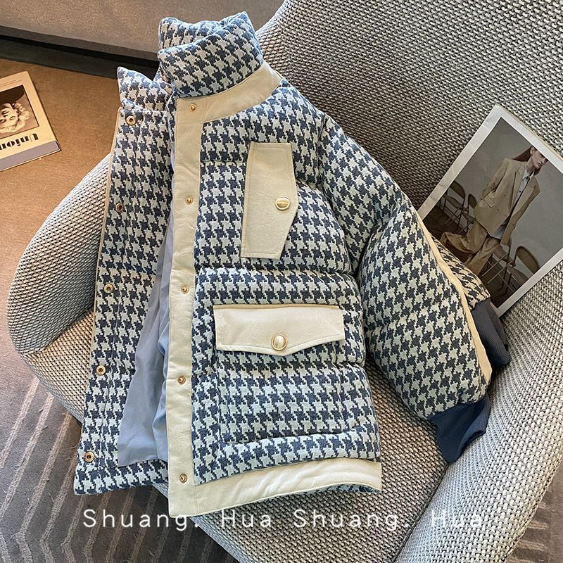 Chaqueta Acolchada Puffer Estampa Pata de Gallo Azul y Blanco | Abrigo Estilo Chanel / Preppy - Imagen 2
