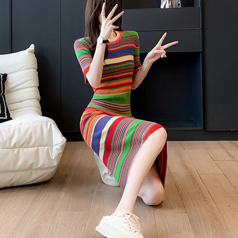 Vestido Midi de Punto Canalé con Estampado de Rayas Multicolor - Imagen 6