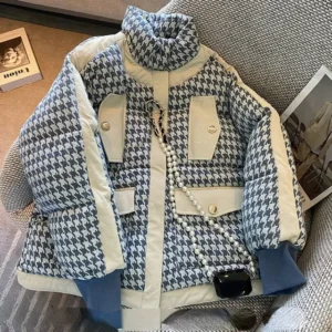 Chaqueta Acolchada Puffer Estampa Pata de Gallo Azul y Blanco | Abrigo Estilo Chanel / Preppy