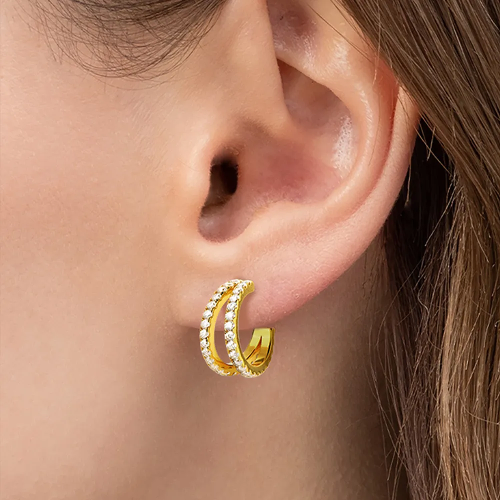 Pendientes Medio Aro Doble Efecto "Two-In-One" en Plata de Ley 925 con Circonitas - Imagen 2