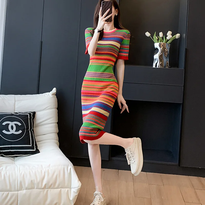Vestido Midi de Punto Canalé con Estampado de Rayas Multicolor - Imagen 3