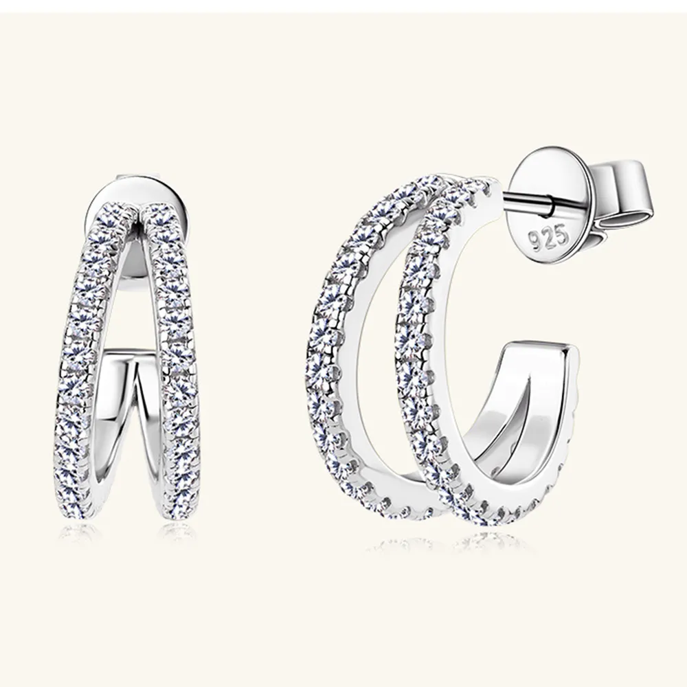 Pendientes Medio Aro Doble Efecto "Two-In-One" en Plata de Ley 925 con Circonitas - Imagen 4