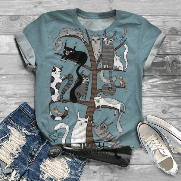 Camiseta Casual para Mujer con Estampado Artístico de Gatos – Manga Corta y Cuello Redondo - Imagen 4