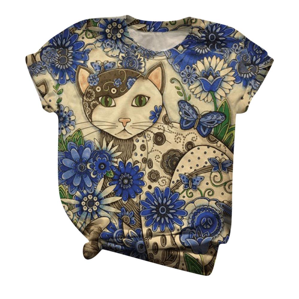 Camiseta Casual para Mujer con Estampado Artístico de Gatos – Manga Corta y Cuello Redondo - Imagen 8