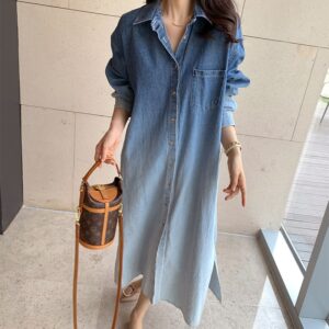 Camisa Vestido Largo Vaquero Denim con Efecto Degradado Ombré y Corte Holgado