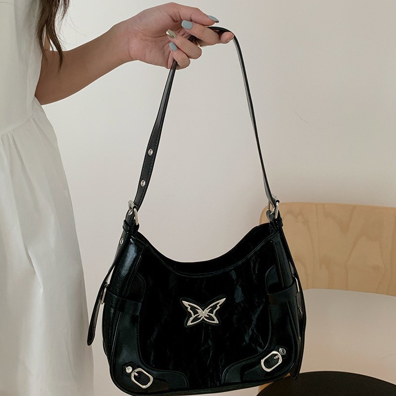 Bolso bandolera estilo biker con diseño de bloques de color y motivo de mariposa - Imagen 2